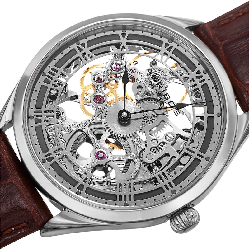 Akribos XXIV Men's Mechanical Skeletal Leather Grey Strap Watch