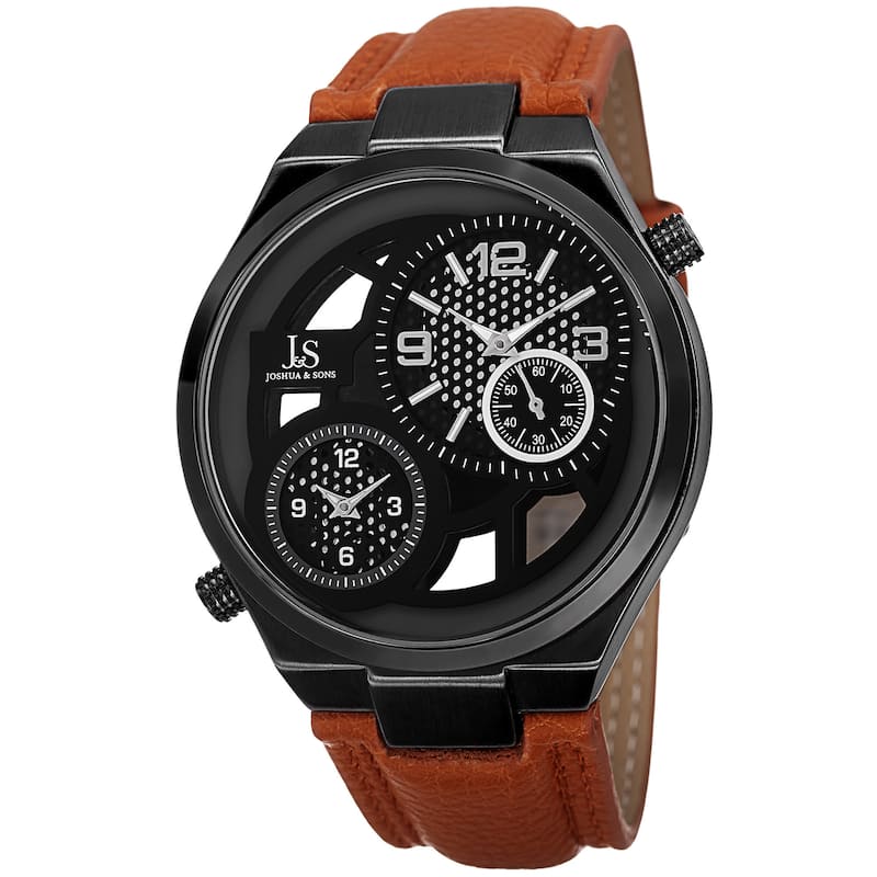Joshua & Sons Men's Swiss Quartz Dual Time Leather Strap Watch - Orange