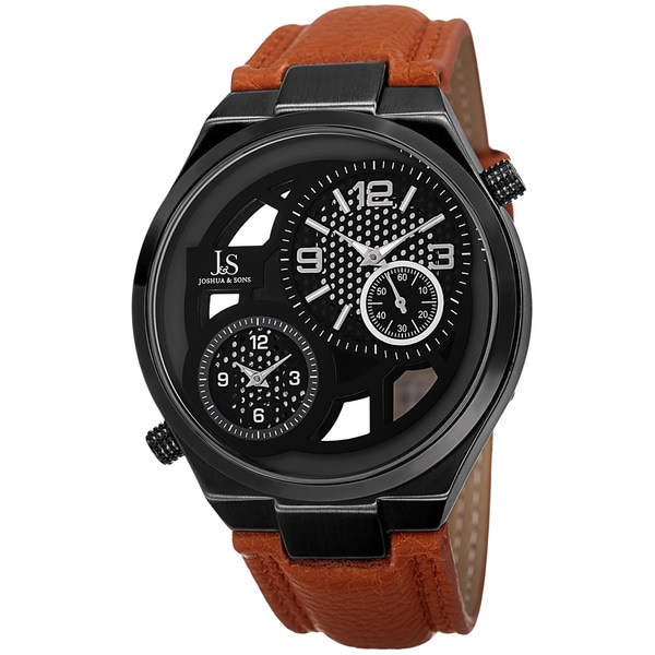 Joshua & Sons Men's Swiss Quartz Dual Time Leather Strap Watch - ORANGE