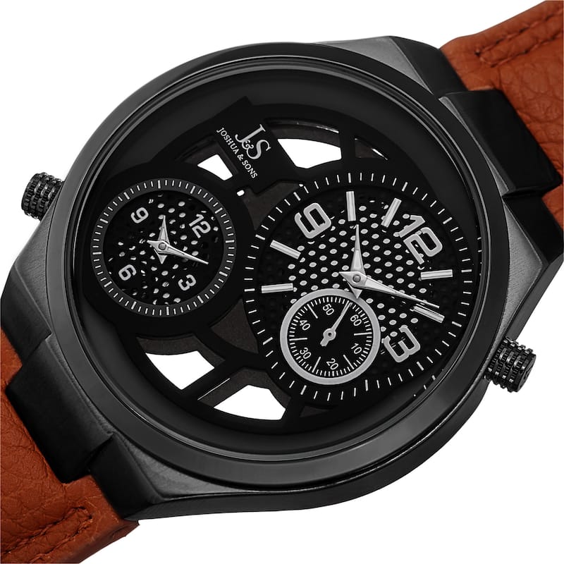 Joshua & Sons Men's Swiss Quartz Dual Time Leather Strap Watch - Orange