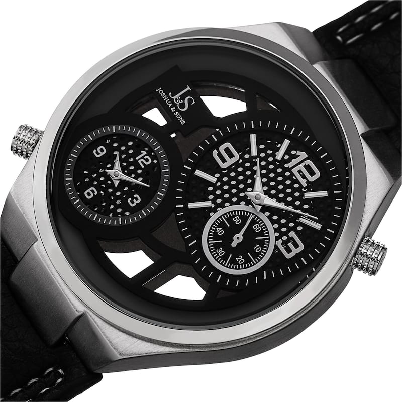 Joshua & Sons Men's Swiss Quartz Dual Time Leather Silver-Tone Strap Watch - silver