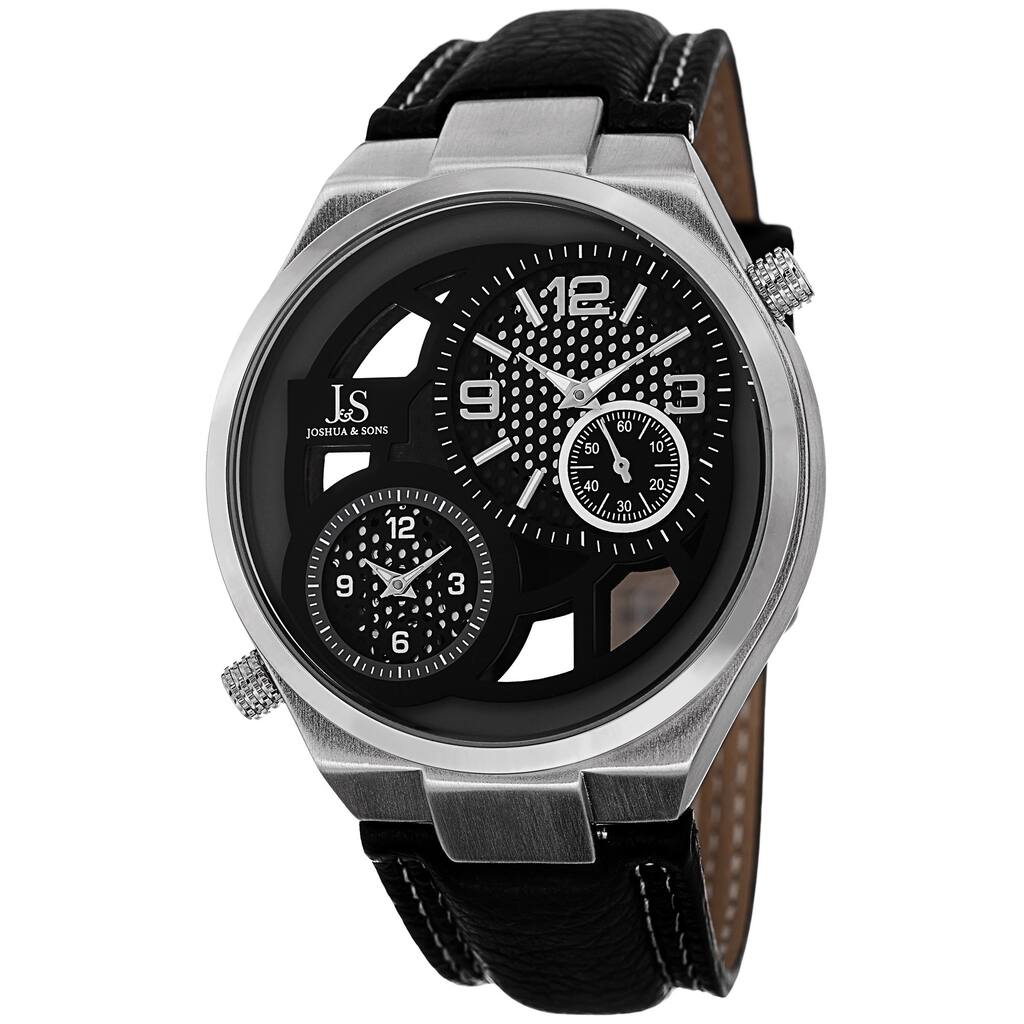 Joshua & Sons Men's Swiss Quartz Dual Time Leather Silver-Tone Strap Watch - silver