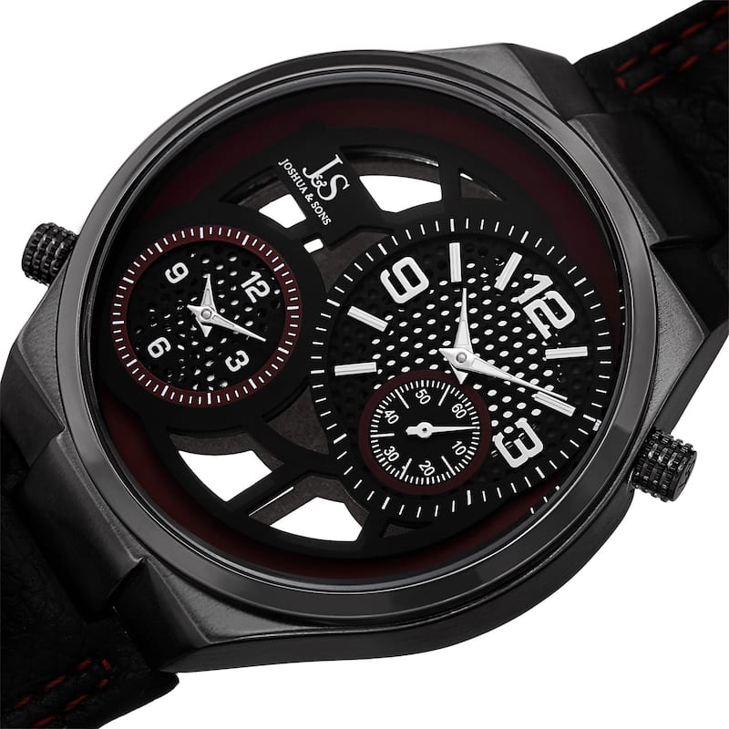 Joshua & Sons Men's Swiss Quartz Dual Time Leather Red Strap Watch
