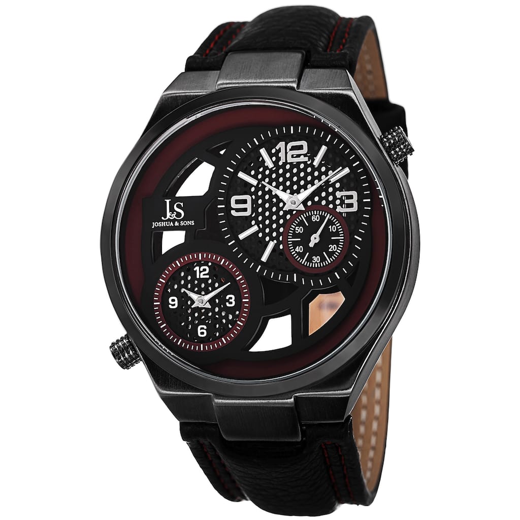 Joshua & Sons Men's Swiss Quartz Dual Time Leather Red Strap Watch