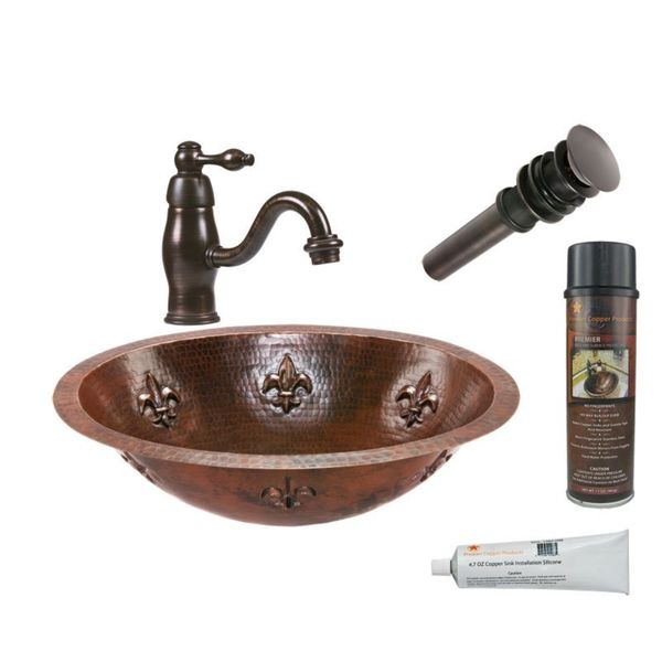 Handmade Fleur De Lis Under Counter Hammered Copper Sink with Orb Faucet (Mexico)