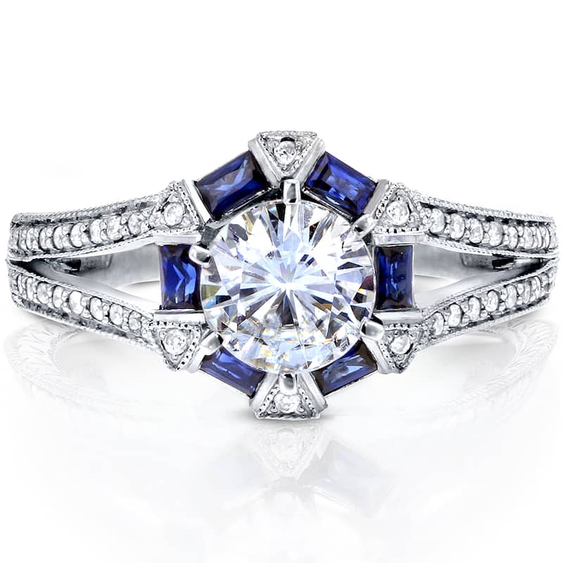 Annello by Kobelli 14k White Gold 1 3/5ct TGW Moissanite and Diamond with Sapphire Accents Art Deco Split Shank Ring - 4