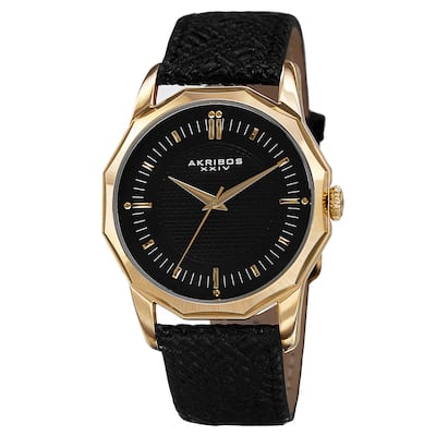 Akribos XXIV Men's Quartz Dodecagon Shape Bezel Leather Gold-Tone Strap Watch - GOLD