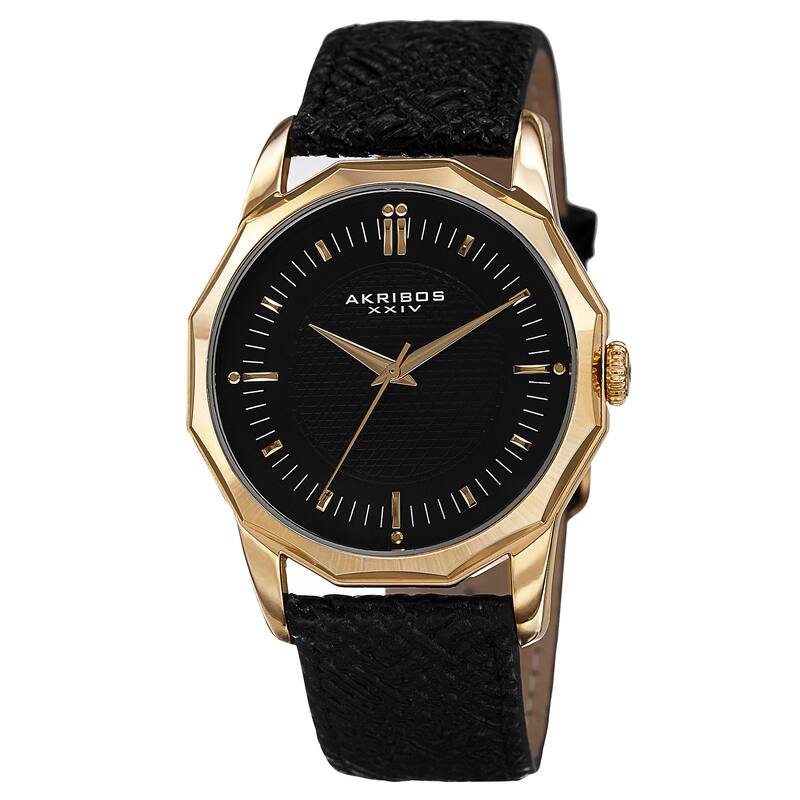 Akribos XXIV Men's Quartz Dodecagon Shape Bezel Leather Gold-Tone Strap Watch - GOLD