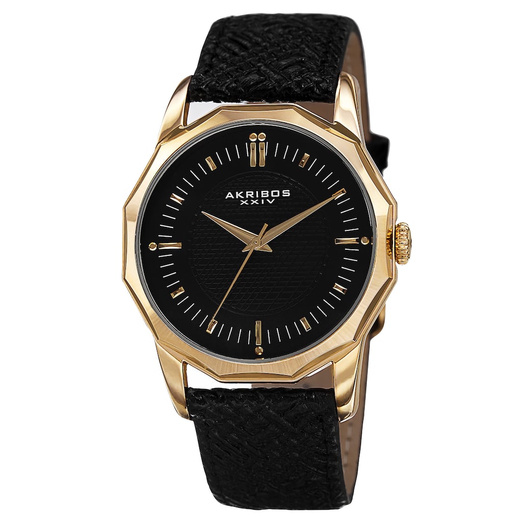 Akribos XXIV Men's Quartz Dodecagon Shape Bezel Leather Gold-Tone Strap Watch - GOLD
