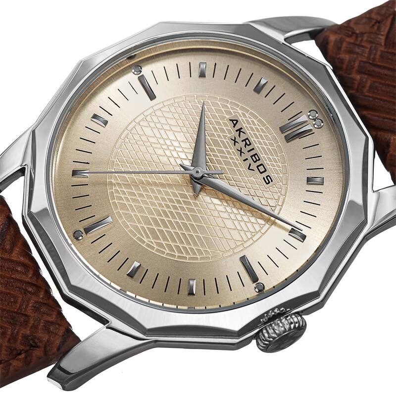 Akribos XXIV Men's Quartz Dodecagon Shape Bezel Leather Silver-Tone Strap Watch - silver