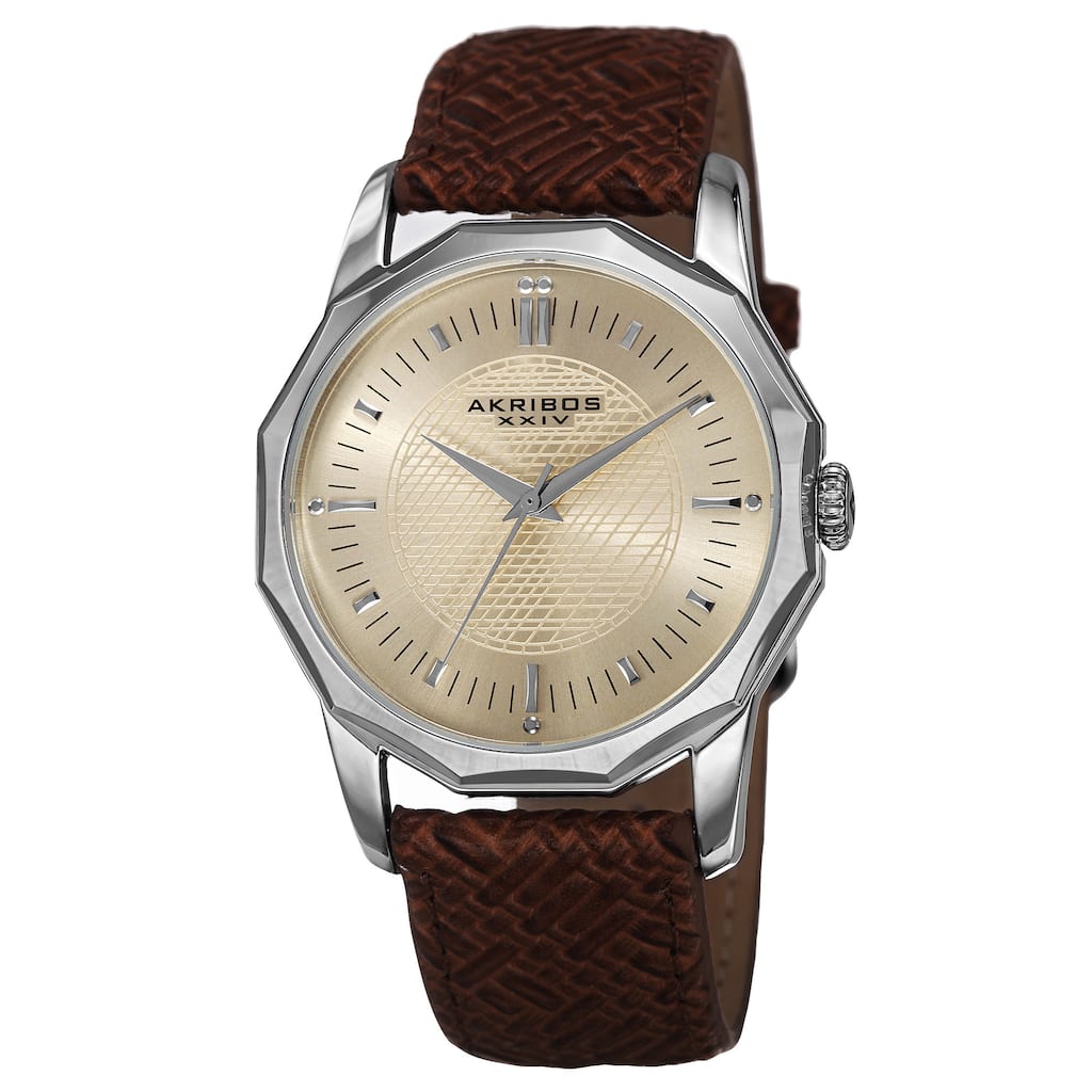 Akribos XXIV Men's Quartz Dodecagon Shape Bezel Leather Silver-Tone Strap Watch - silver