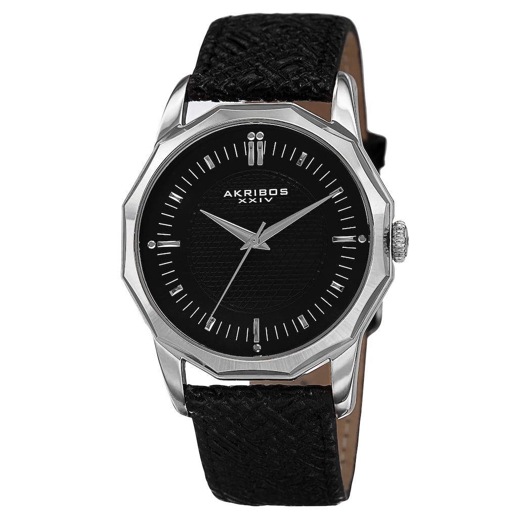 Akribos XXIV Men's Quartz Dodecagon Shape Bezel Leather Silver-Tone Strap Watch - silver