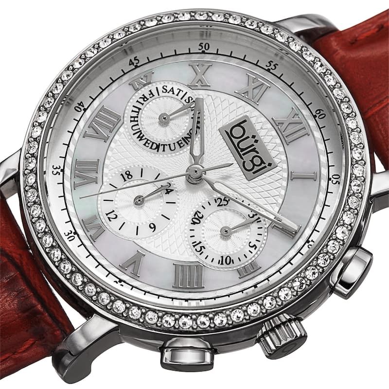 Burgi Ladies Swiss Quartz Multifunction Dual-Time Leather Red Strap Watch