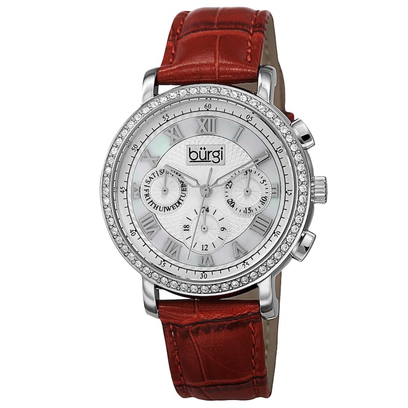 Burgi Ladies Swiss Quartz Multifunction Dual-Time Leather Red Strap Watch