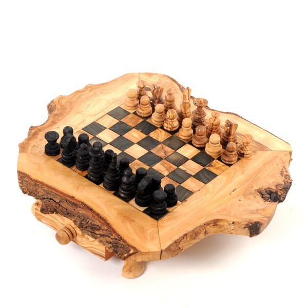 Handcrafted olive wood chess board with drawer including figures