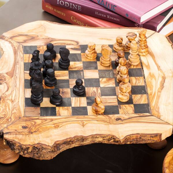 Olive wood chess game, handmade rustic style including figures