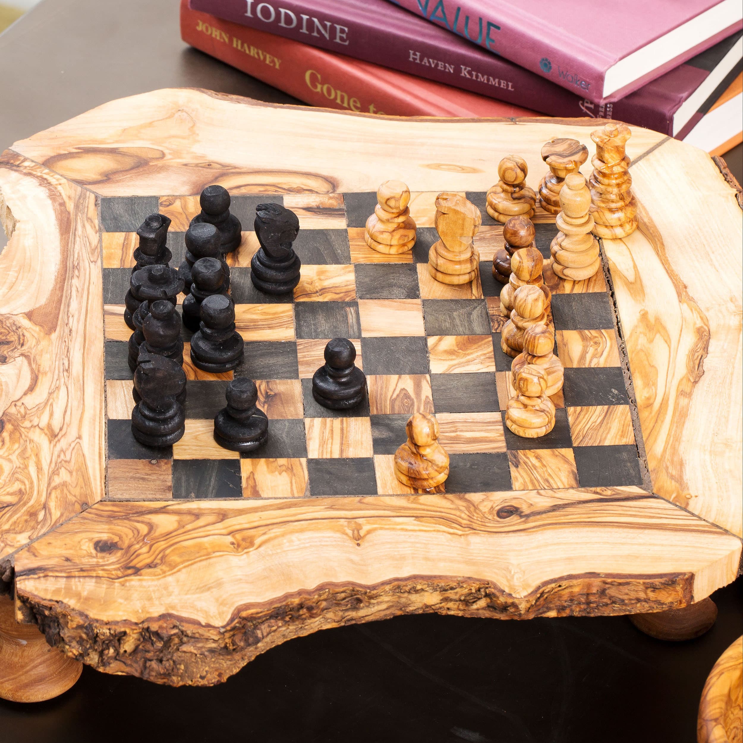 Handmade Olive Wood Chess Board Live Edge Base -  Canada