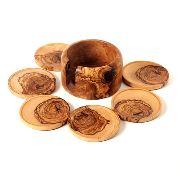 Olive wood set of 6 Coasters in Rustic Holder