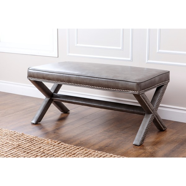 Abbyson Marcus Grey Leather Nailhead Trim Extended X Bench Abbyson Marcus Grey Leather Nailhead Trim Extended X Bench
