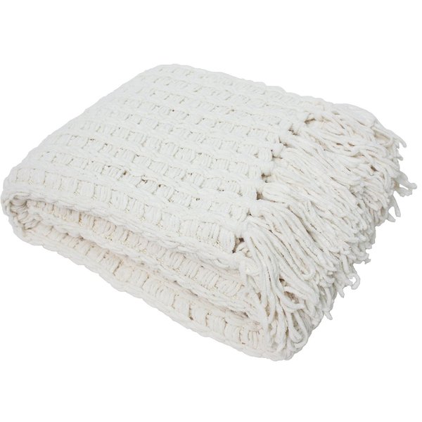 J & M Home Fashions Luxury Chenille Throw with Tassels, Cream