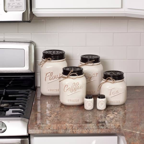 Ceramic Farmhouse Mason Jar Canister Set Kitchen