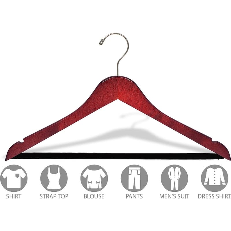 Cherry Finish Suit Hanger with Black Velvet Non-Slip Bar, Box of 50 Flat Hangers with Notches