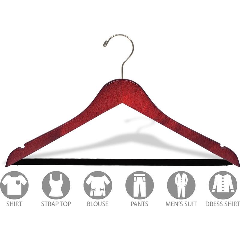 Cherry Finish Suit Hanger with Black Velvet Non-Slip Bar, Box of 50 Flat Hangers with Notches