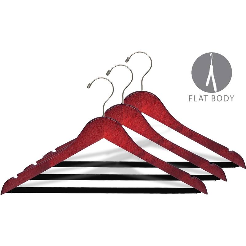 Cherry Finish Suit Hanger with Black Velvet Non-Slip Bar, Box of 50 Flat Hangers with Notches