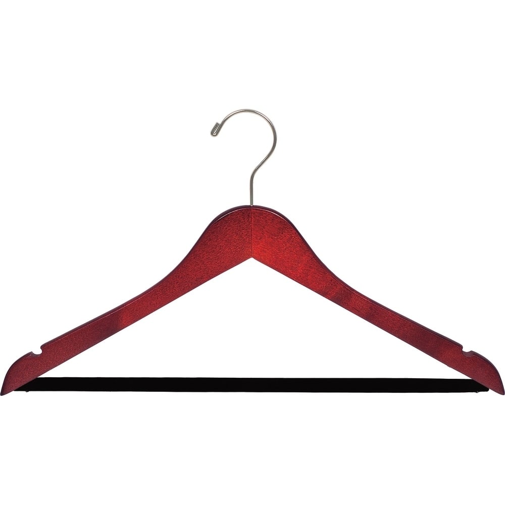 Cherry Finish Suit Hanger with Black Velvet Non-Slip Bar, Box of 50 Flat Hangers with Notches