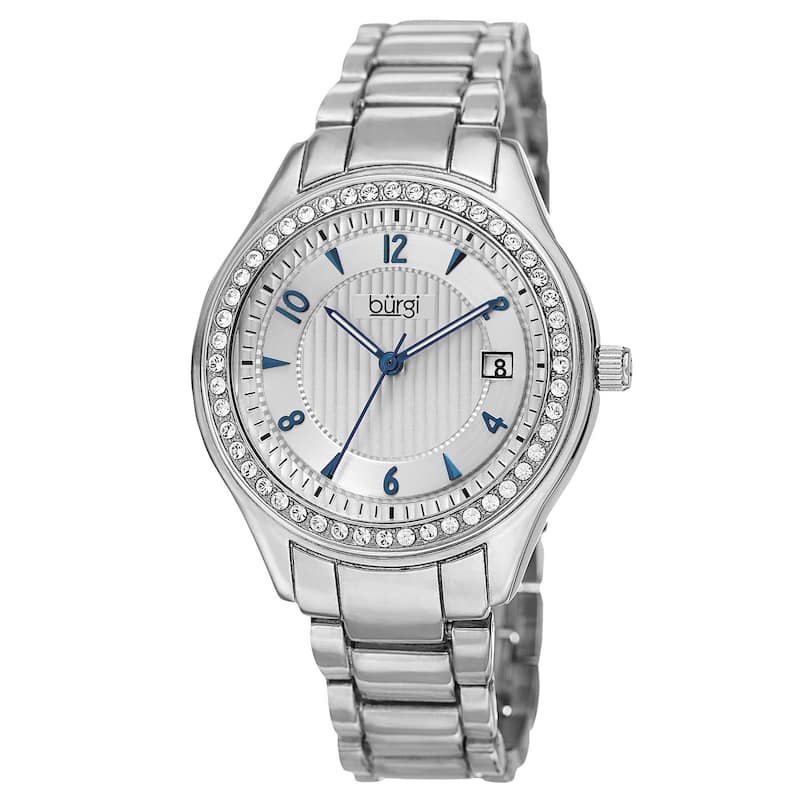 Burgi Women's Quartz Swarovski Crystals Date Silver-Tone Bracelet Watch - silver