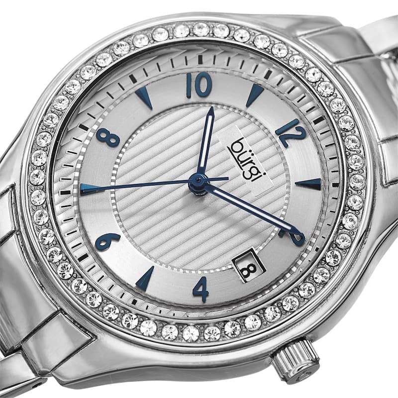 Burgi Women's Quartz Swarovski Crystals Date Silver-Tone Bracelet Watch - silver