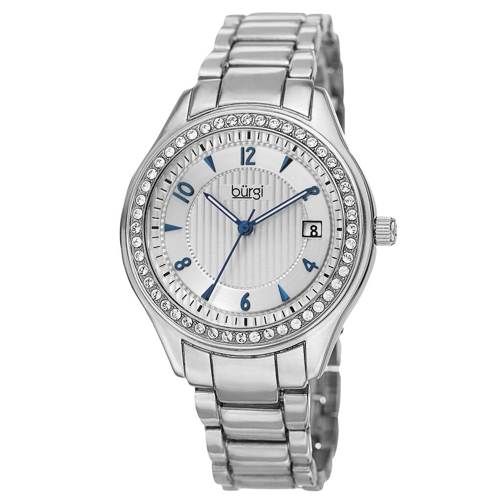 Burgi Women's Quartz Swarovski Crystals Date Silver-Tone Bracelet Watch - silver