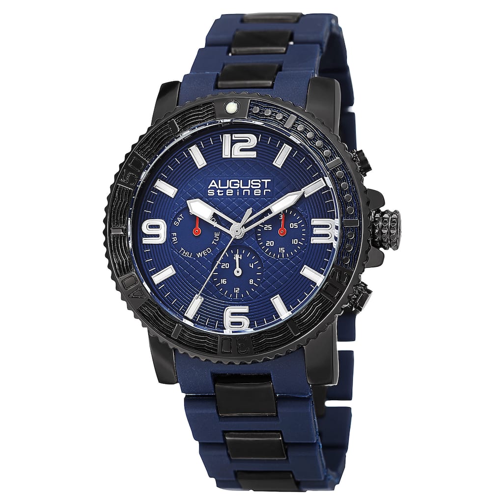 August Steiner Men's Swiss Quartz Multifunction Rotating Bezel Alloy Mid-link Blue Bracelet Watch