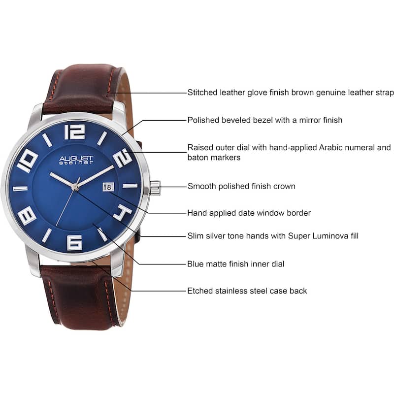 August Steiner Men's Ultra-Thin Swiss Quartz Leather Blue Strap Watch