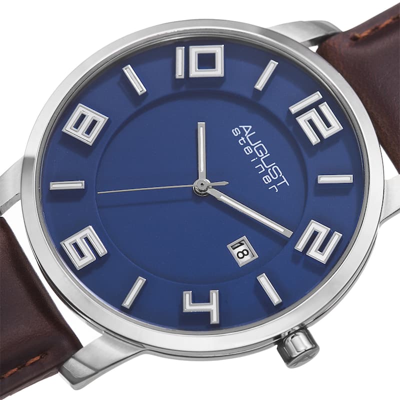 August Steiner Men's Ultra-Thin Swiss Quartz Leather Blue Strap Watch