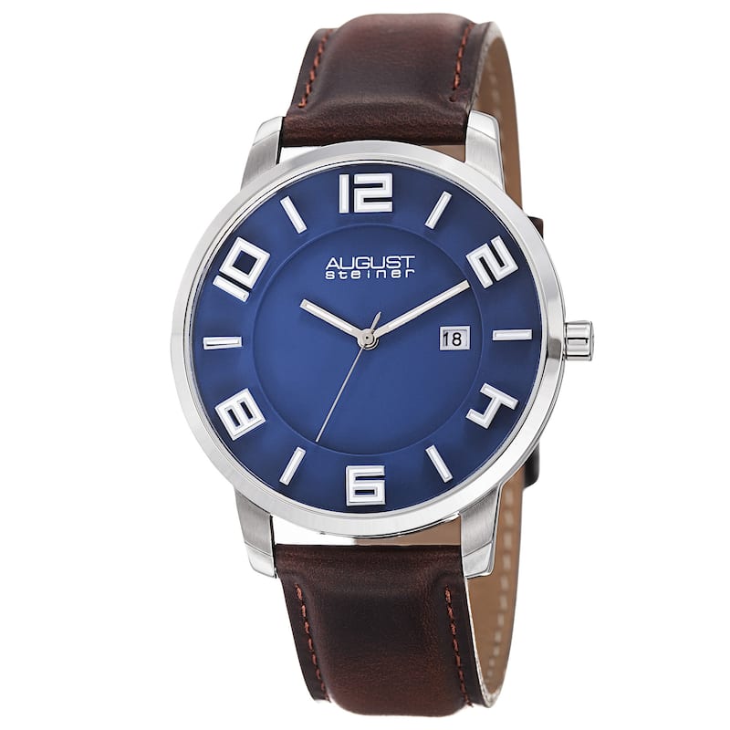 August Steiner Men's Ultra-Thin Swiss Quartz Leather Blue Strap Watch