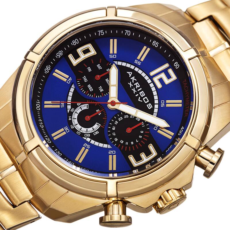 Akribos XXIV Men's Swiss Quartz Multifunction Dual Time Tachymeter Gold-Tone Bracelet Watch