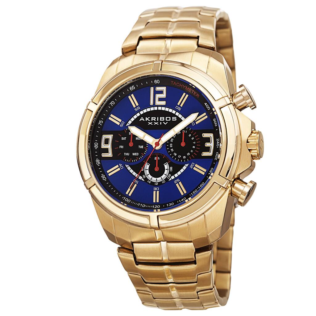 Akribos XXIV Men's Swiss Quartz Multifunction Dual Time Tachymeter Gold-Tone Bracelet Watch