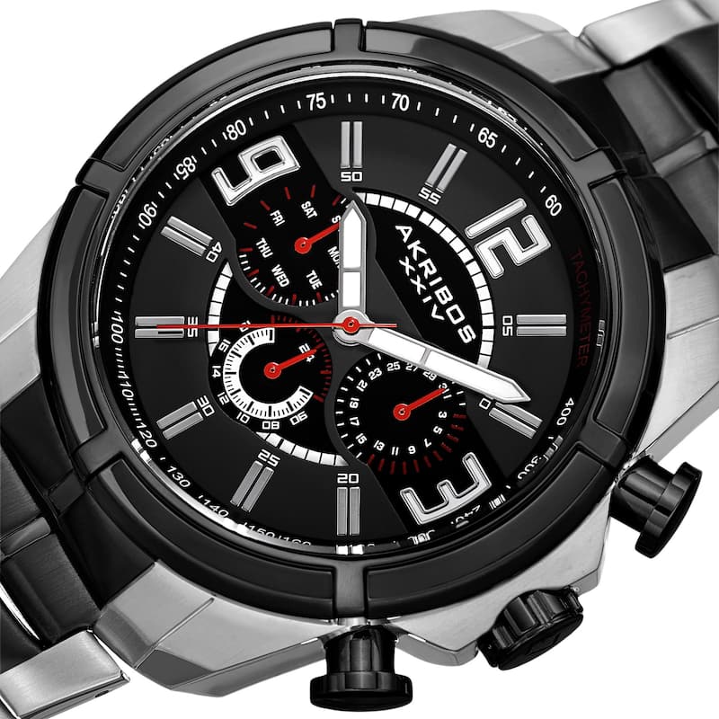 Akribos XXIV Men's Swiss Quartz Multifunction Dual Time Tachymeter Two-Tone Bracelet Watch - silver