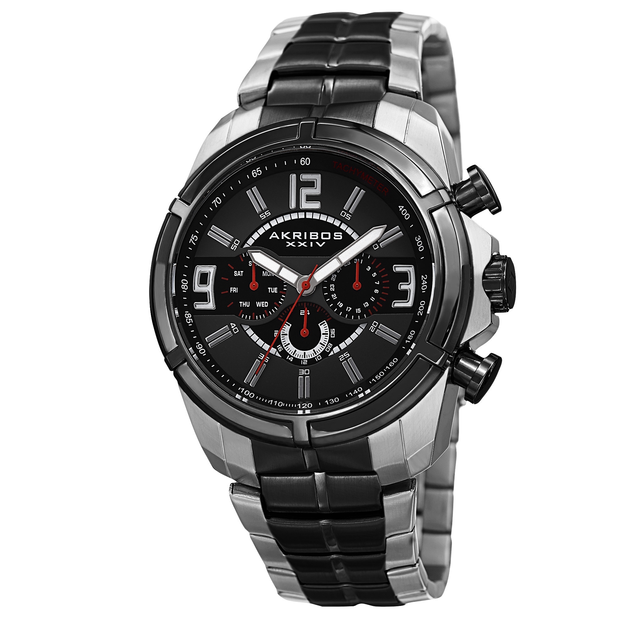 Akribos XXIV Men's Swiss Quartz Multifunction Dual Time Tachymeter Two-Tone Bracelet Watch - silver