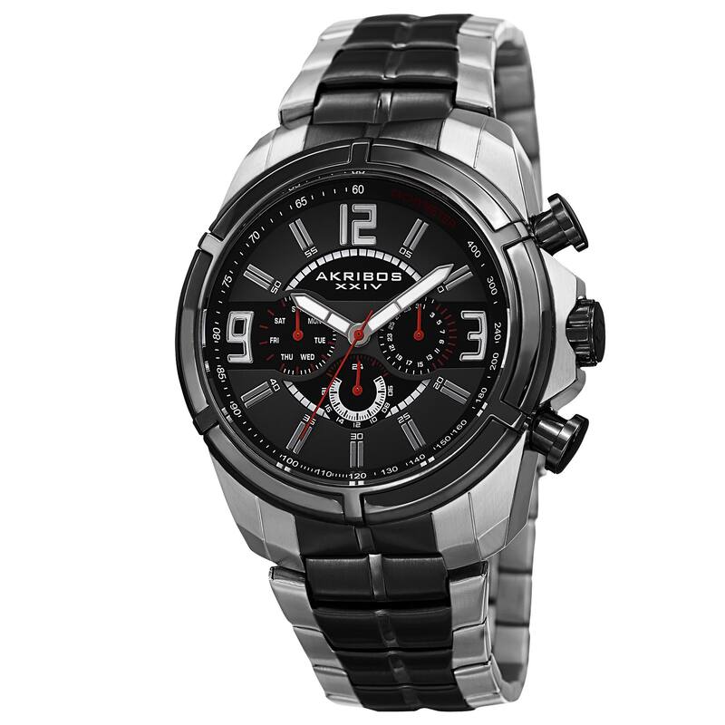Akribos XXIV Men's Swiss Quartz Multifunction Dual Time Tachymeter Two-Tone Bracelet Watch - silver