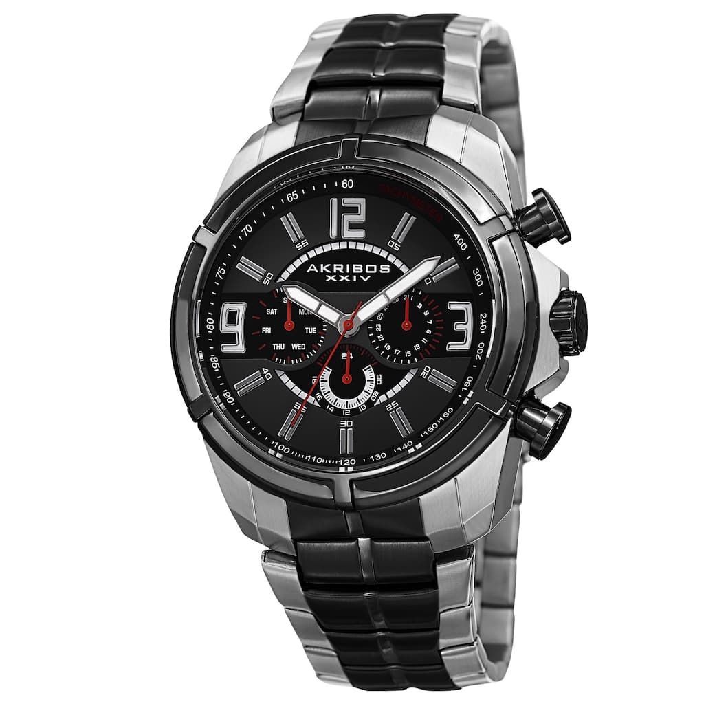 Akribos XXIV Men's Swiss Quartz Multifunction Dual Time Tachymeter Two-Tone Bracelet Watch - silver