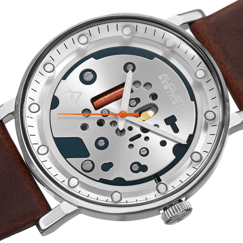 August Steiner Men's Quartz Imitated Skeleton Dial Leather Silver-Tone Strap Watch