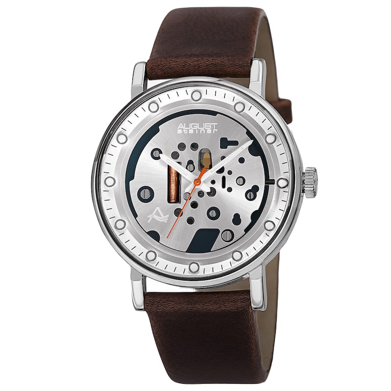 August Steiner Men's Quartz Imitated Skeleton Dial Leather Silver-Tone Strap Watch - Silver Dial / Black Strap - Three Hand/Water Resistant