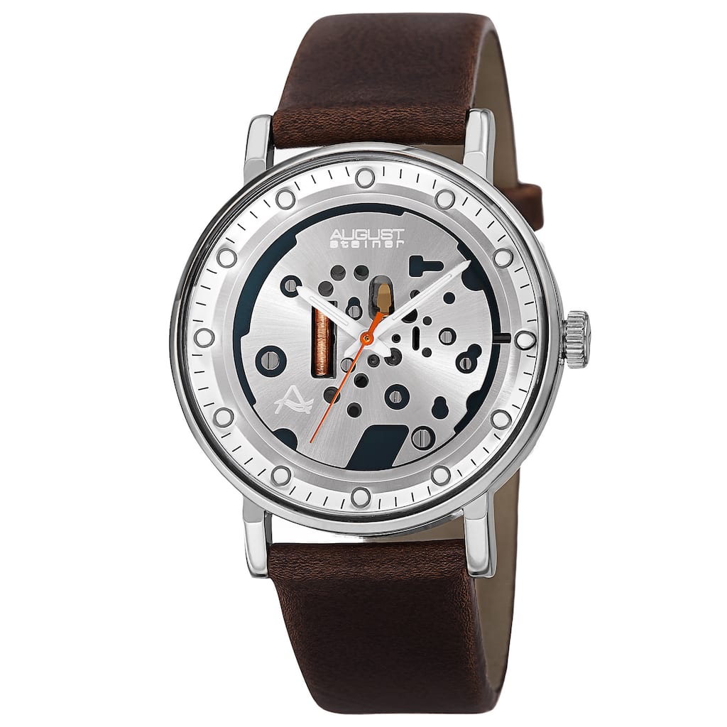 August Steiner Men's Quartz Imitated Skeleton Dial Leather Silver-Tone Strap Watch