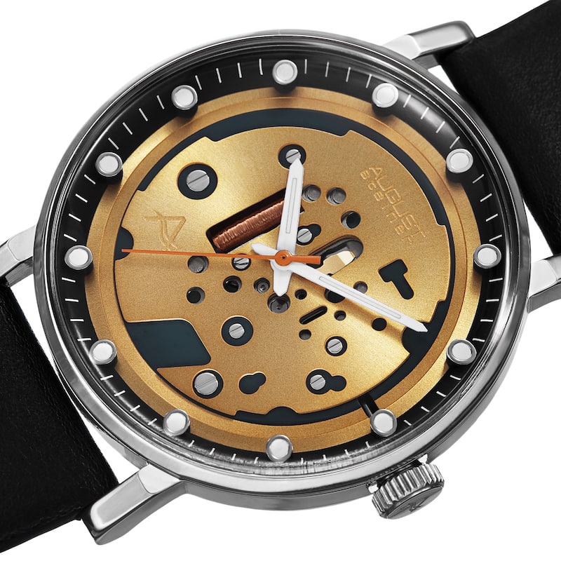 August Steiner Men's Quartz Imitated Skeleton Dial Leather Silver-Tone Strap Watch - Black