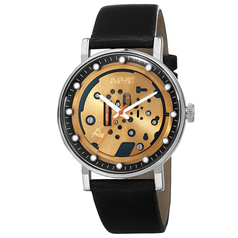 August Steiner Men's Quartz Imitated Skeleton Dial Leather Silver-Tone Strap Watch - Black