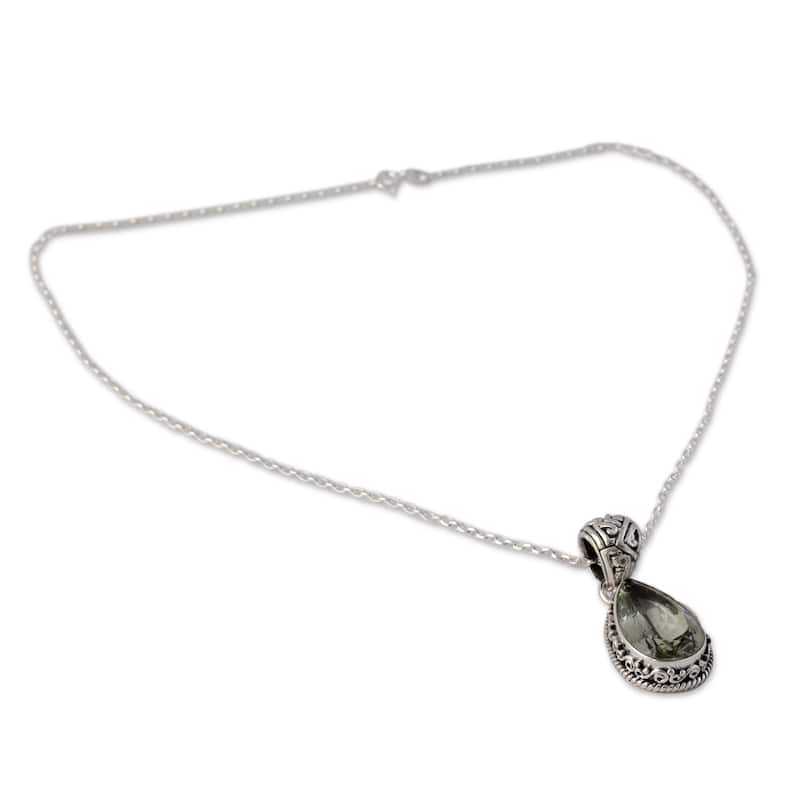 Handmade Verdant Mist 18 Carat Green Teardrop Prasiolite Quartz Set in 925 Sterling Silver Ornate Bail Pendant Necklace (India)