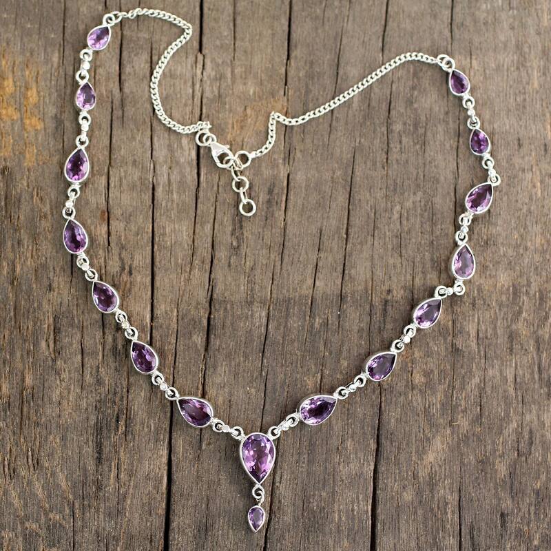 NOVICA Handmade Sterling Silver Precious Tears Purple Amethyst Cable Style Necklace (India)