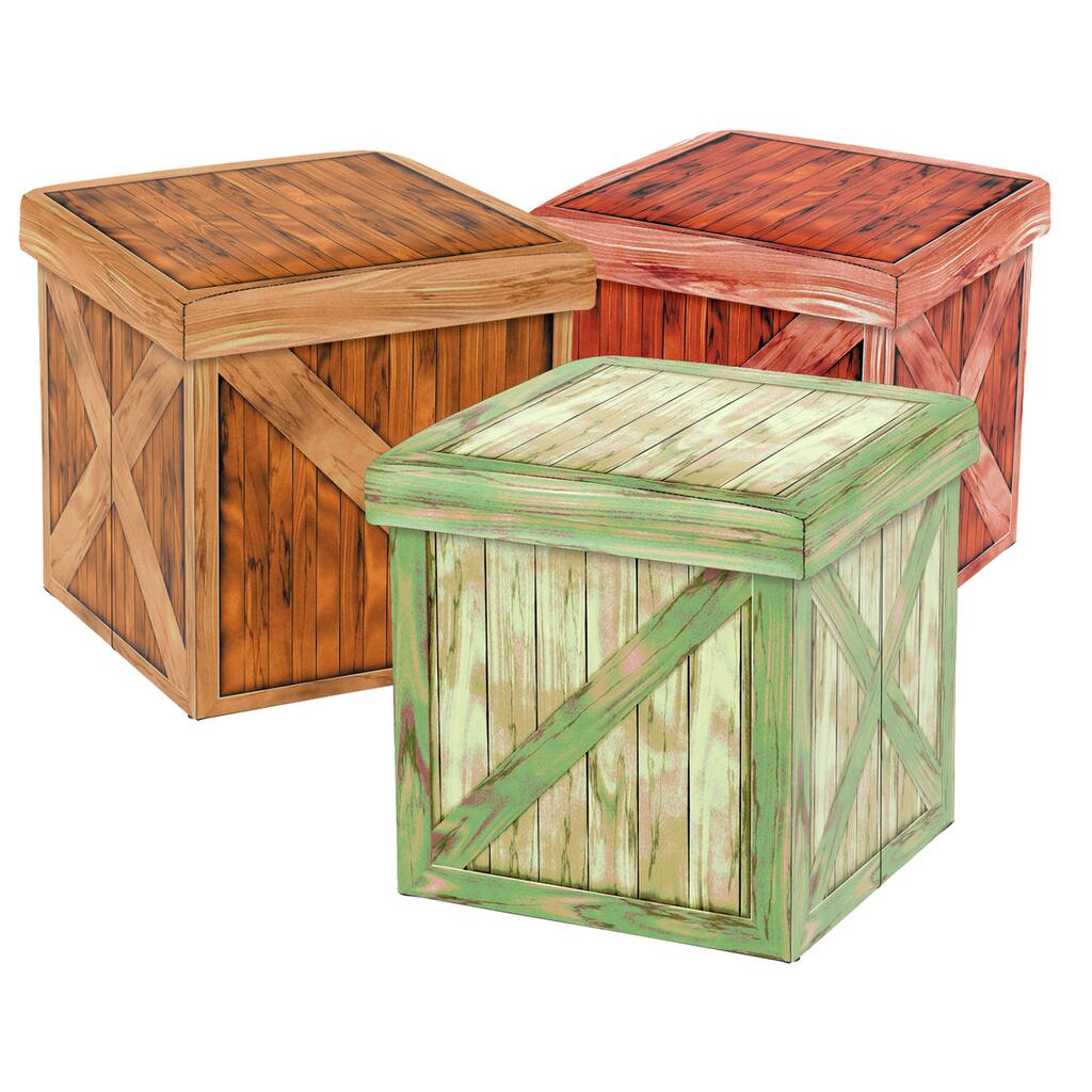 Vintique Folding Storage Ottoman - Wooden Crate Design (Set of 3)